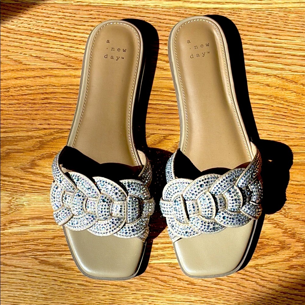a new day Beige Braided Rhinestone Slide Sandals